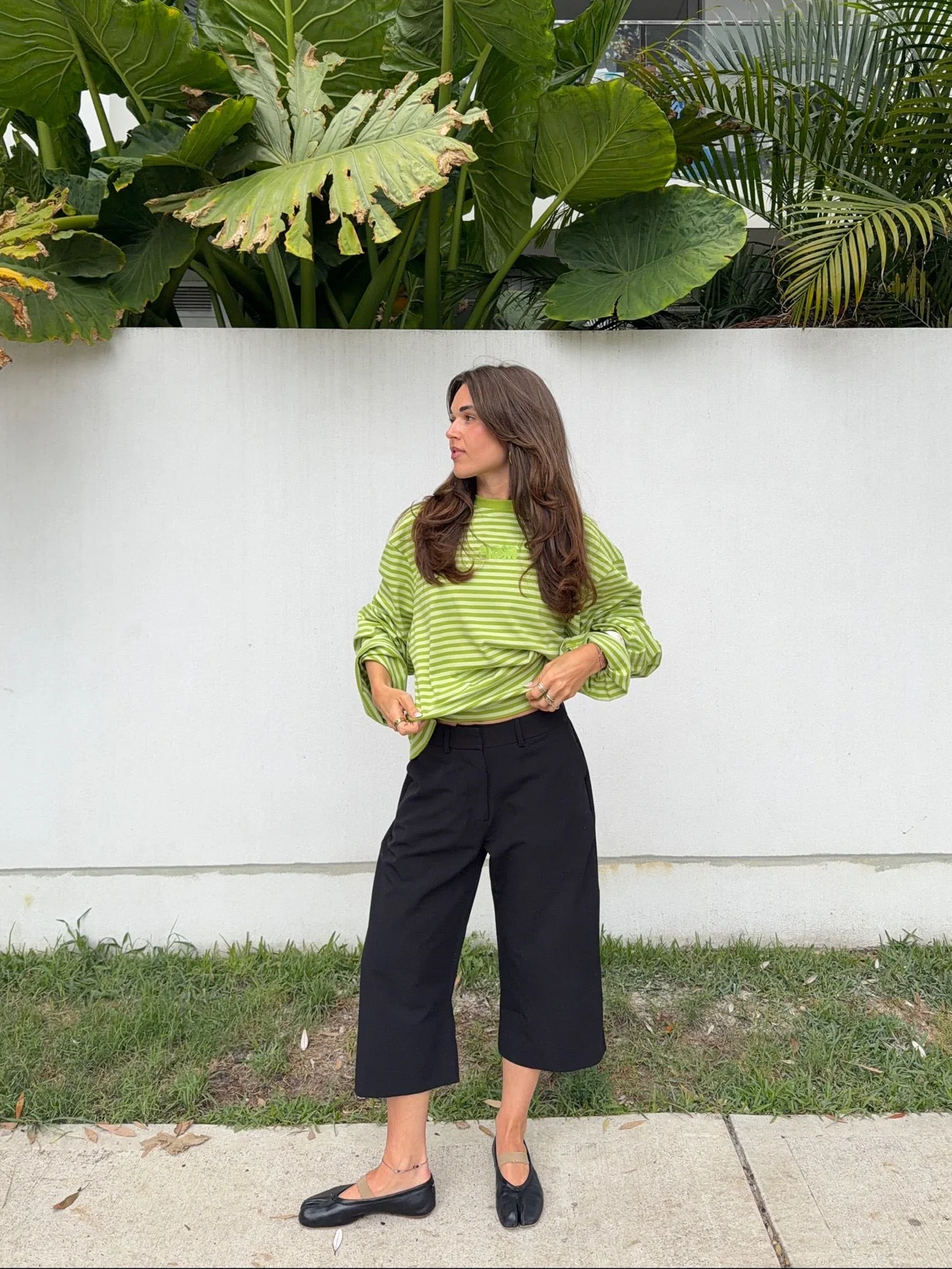 capri suit pants set green stripes