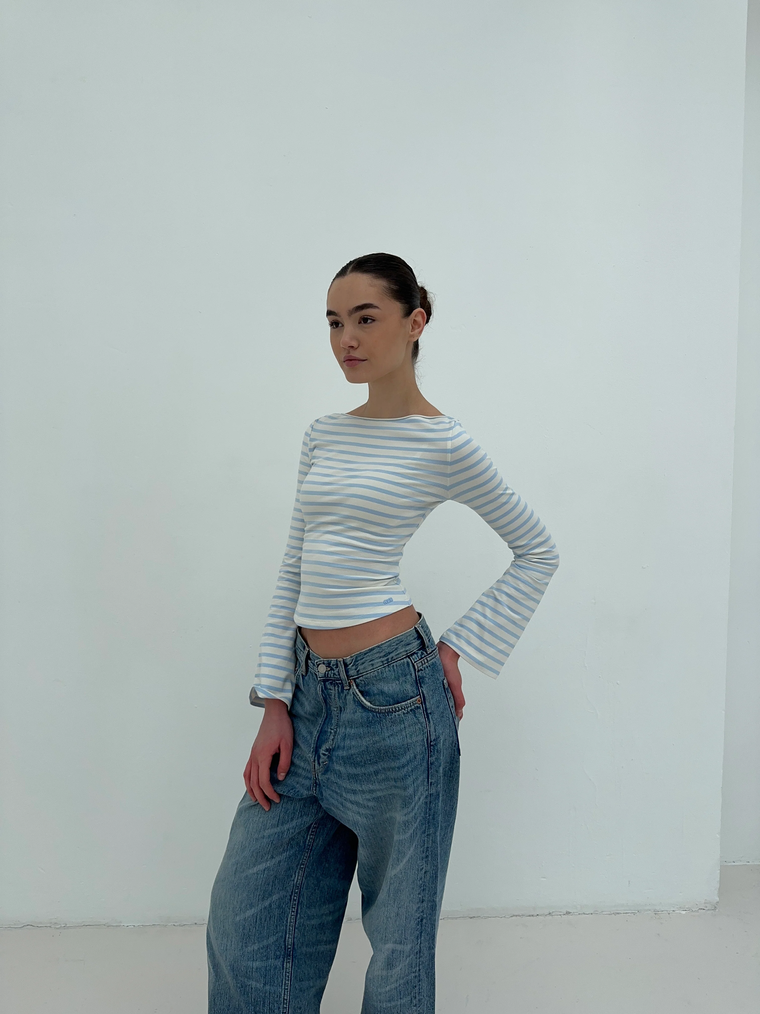 flared soft longsleeve cream blue stripes - Image 9