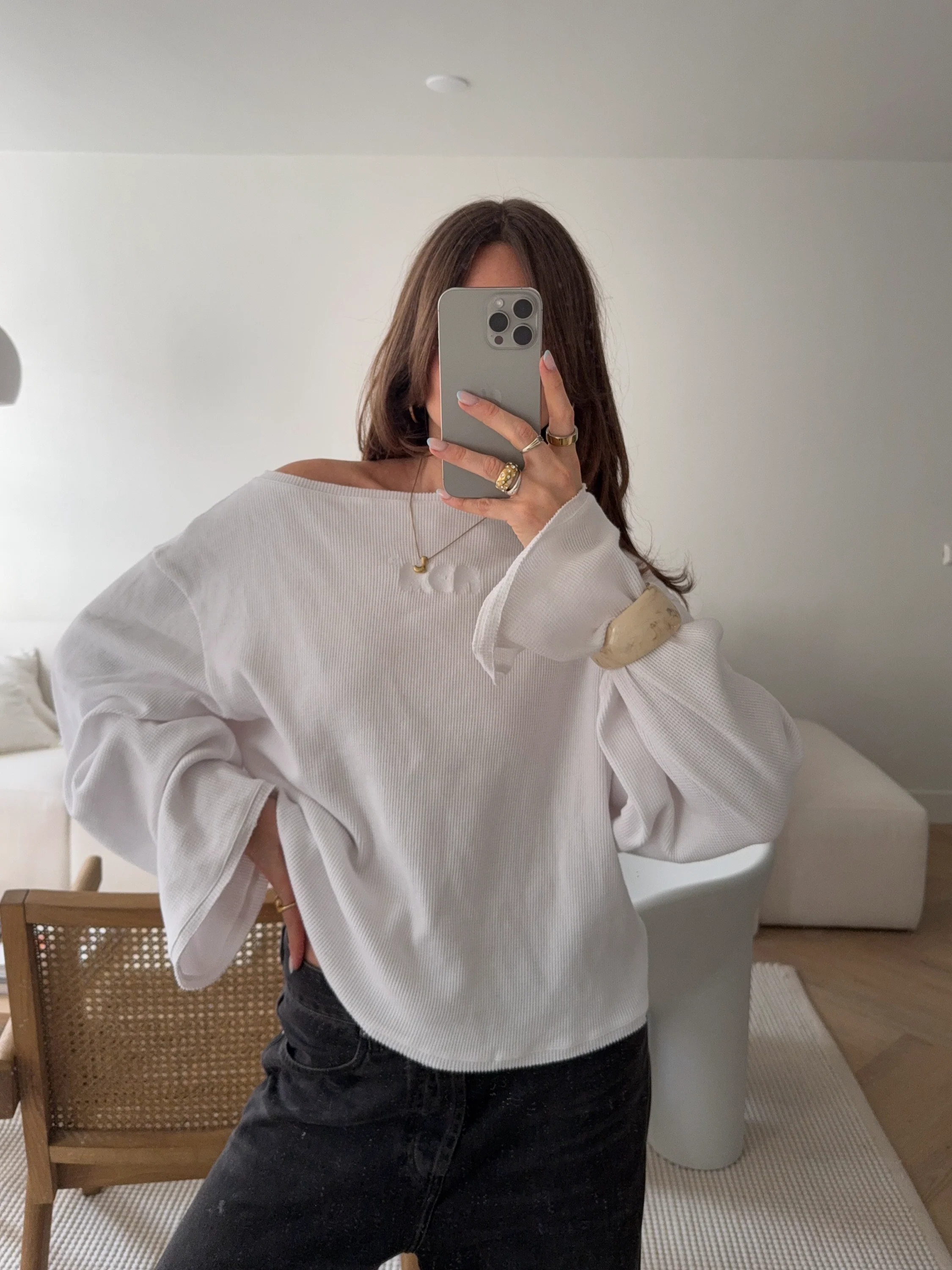 wide neck waffle longsleeve white - Image 9