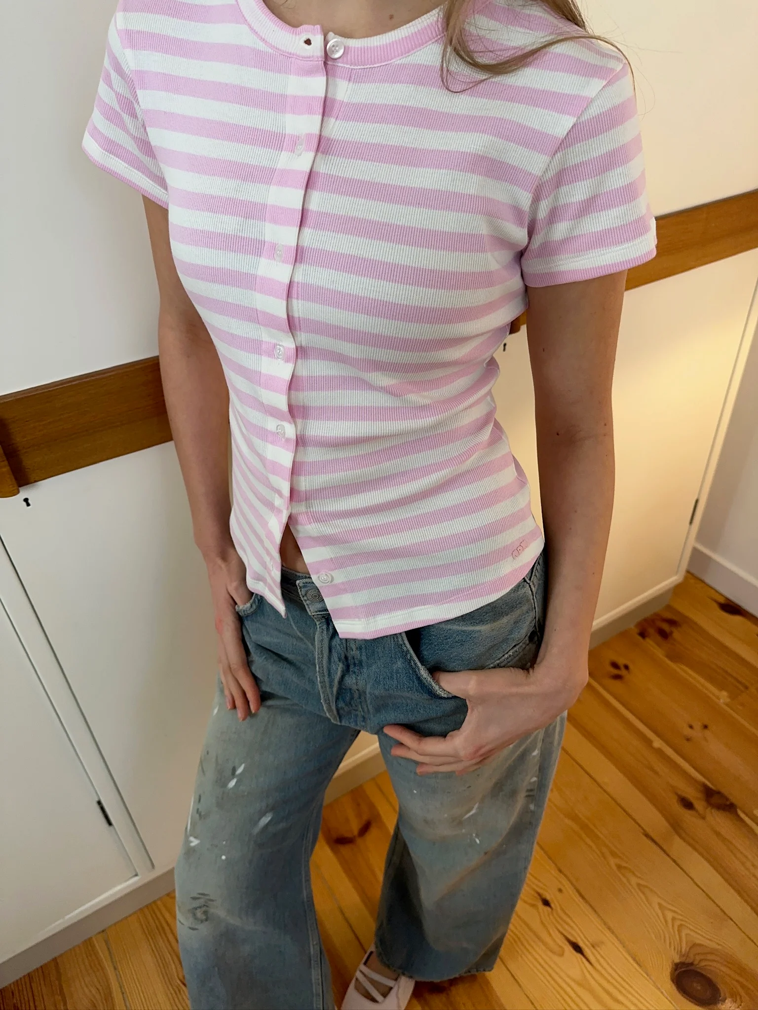 short sleeve cardigan white pink stripes - Image 5